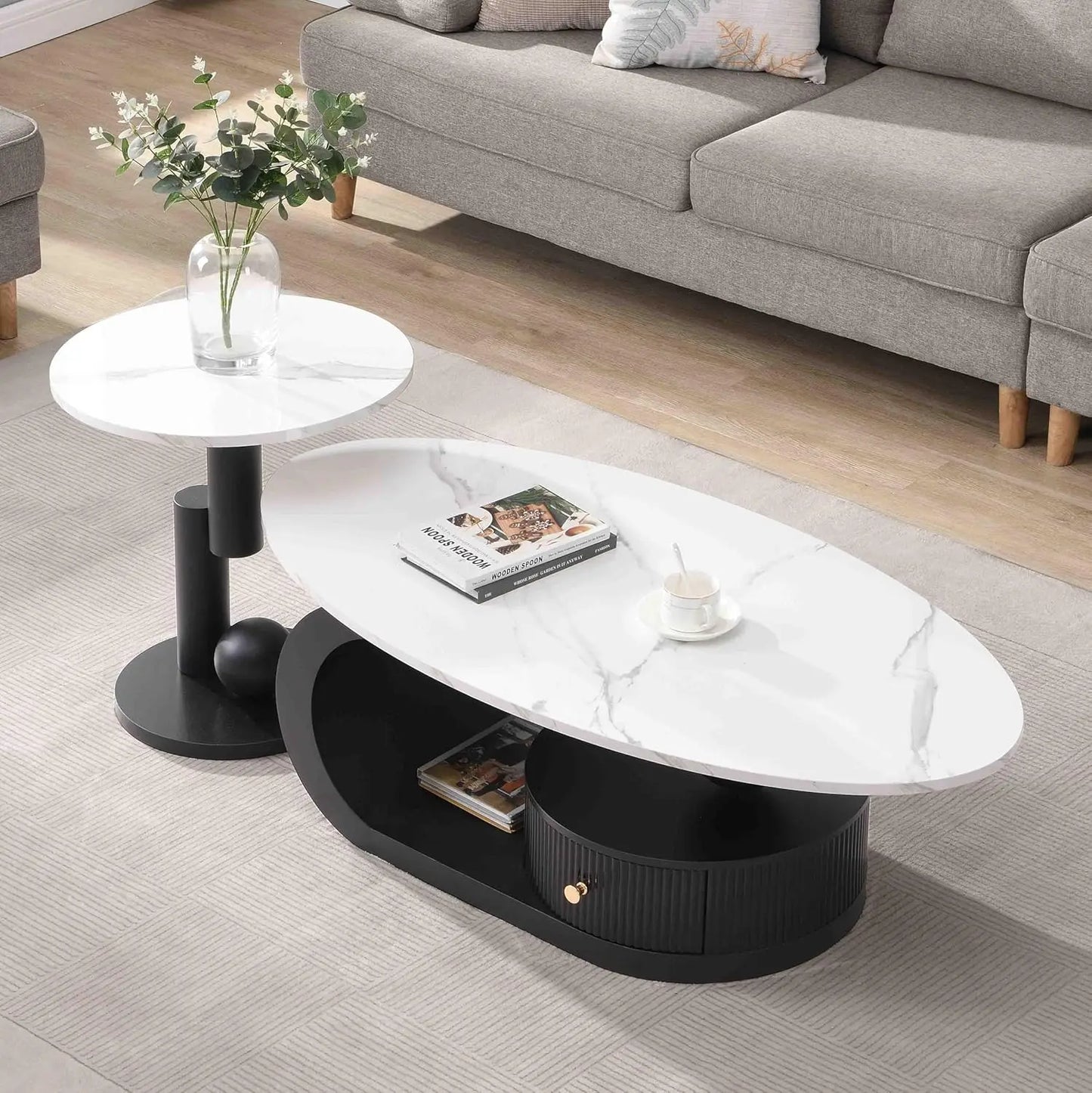 Coffee Table with Silver Stainless Steel Pedestal,Oval with Faux Marble Top