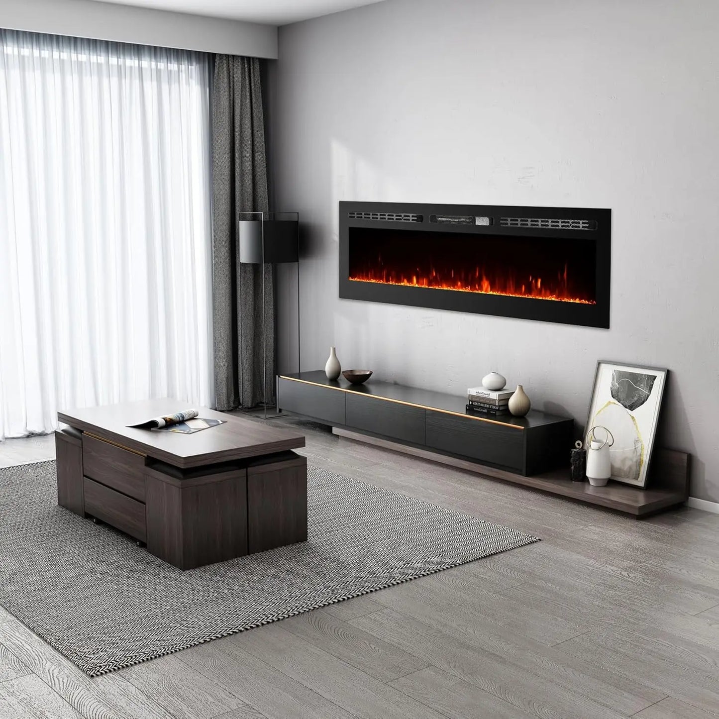 60-Inch Electric Fireplace Wall-Mounted with Remote & Touch Screen
