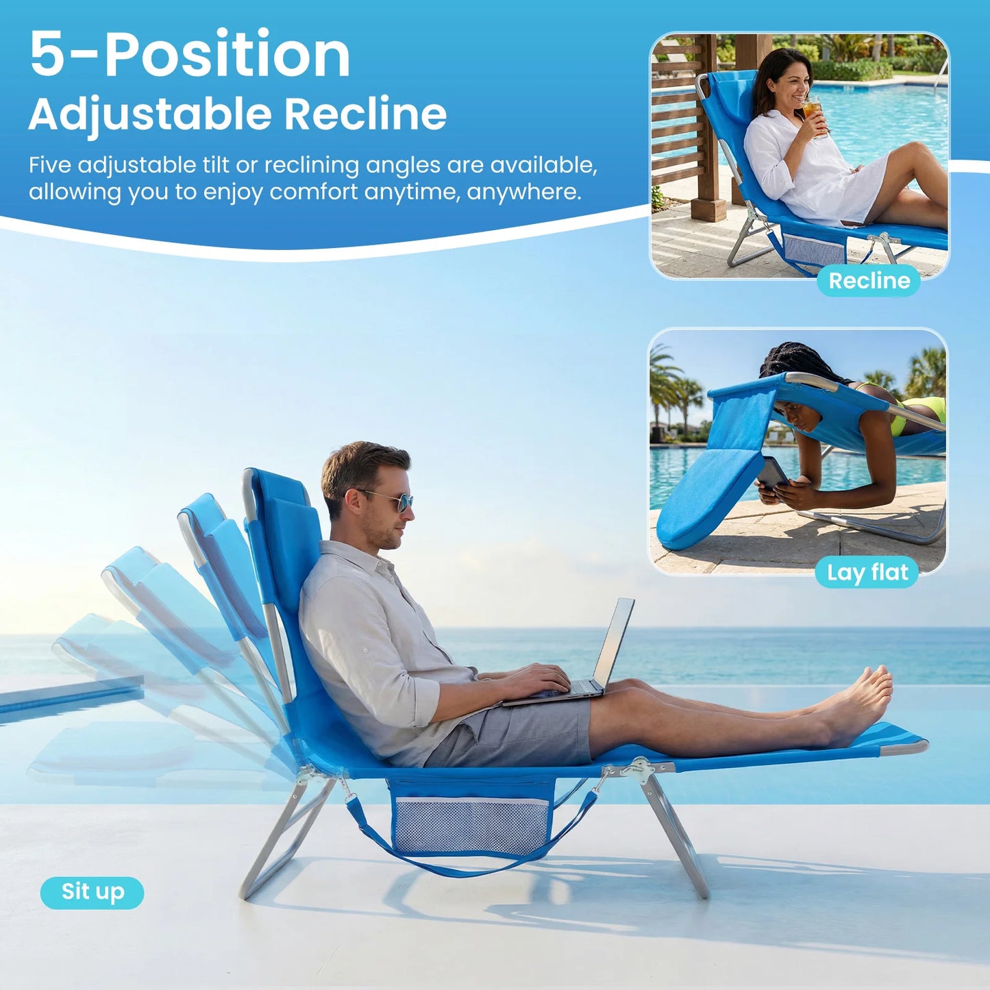 5-Position Adjustable Recline Beach Lounge Chair