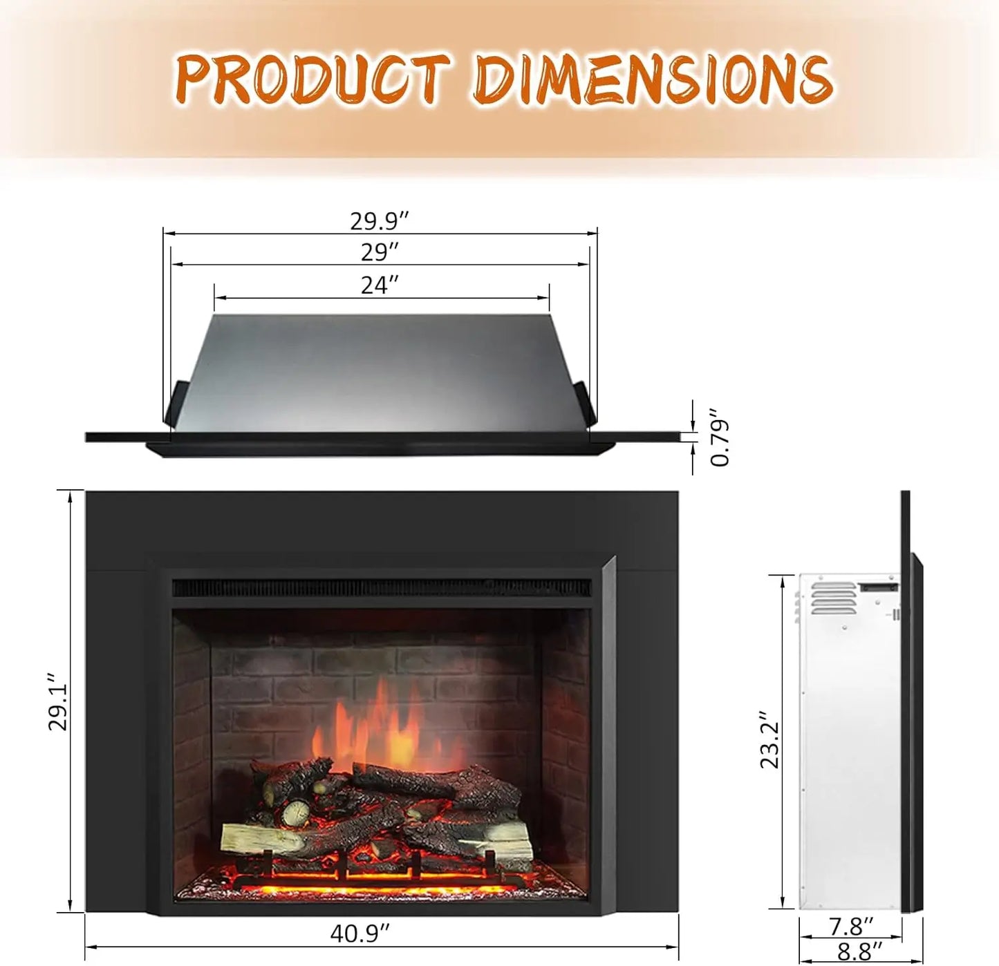 30" Electric Fireplace Insert with Trim Kit, Remote Control, Black
