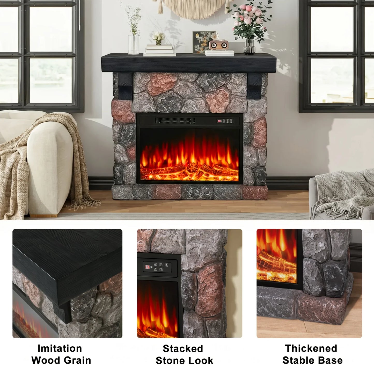 Electric Fireplace with Mantel, Freestanding with Remote Control
