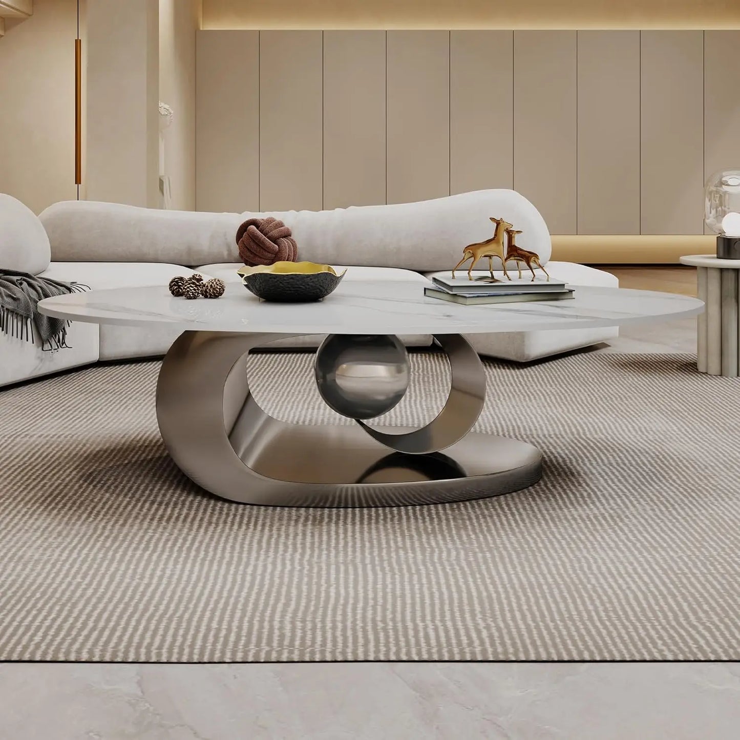 Coffee Table with Silver Stainless Steel Pedestal,Oval with Faux Marble Top