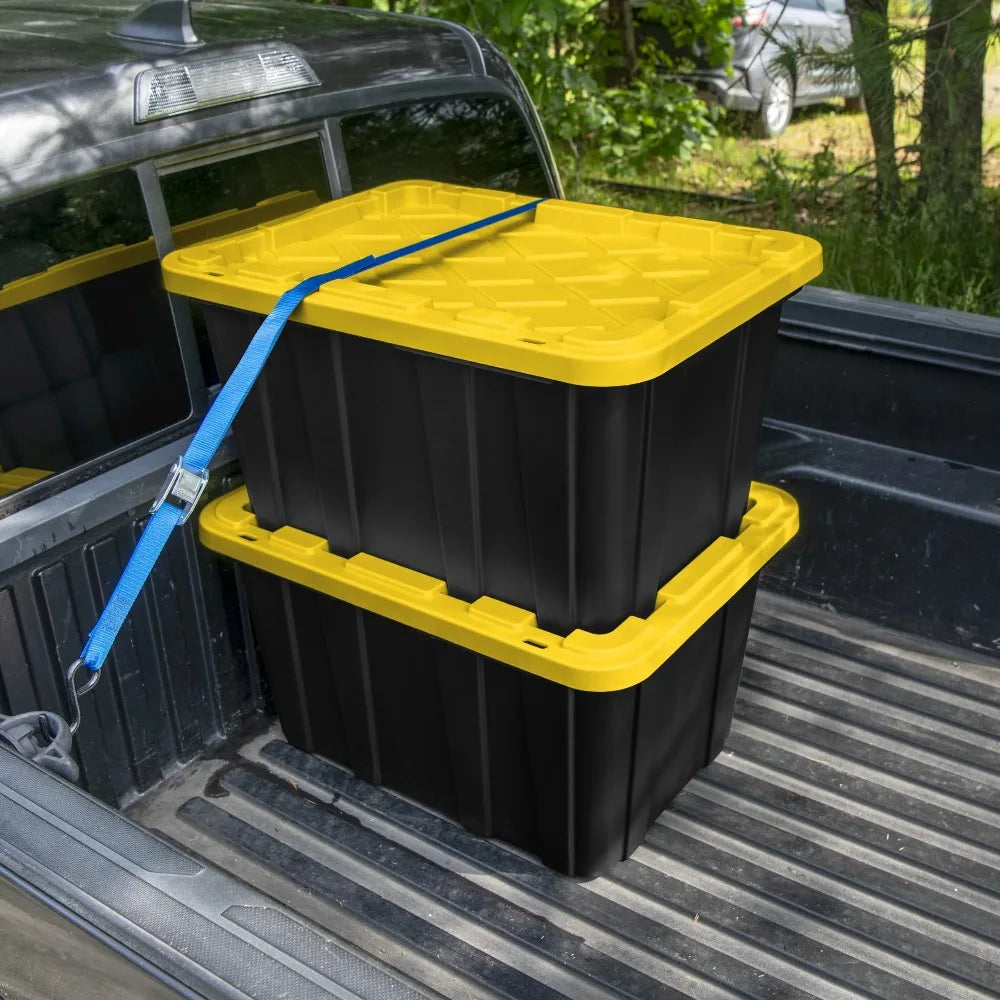 Plastic Storage Tote with Snap-On Lid, Black and Yellow, 6 Pack