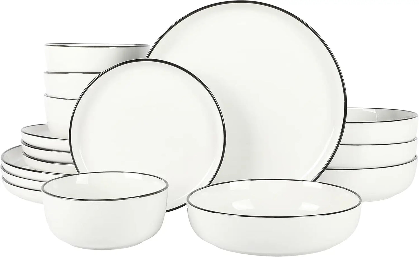 16-Piece Dinnerware Set, White Plates with Black Rim, Microwave & Dishwasher Safe