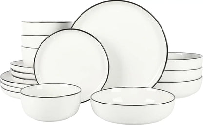 16-Piece Dinnerware Set, White Plates with Black Rim, Microwave & Dishwasher Safe