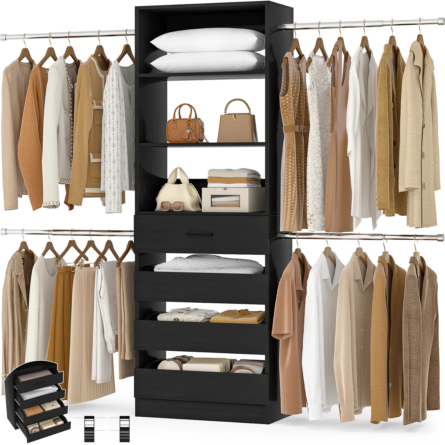 4-9Ft Closet System with 4 Wooden Drawers, Walk-in Closet Organizer Wardrobe Clothes Rack with 4 Hanging Rods, Garment Rack
