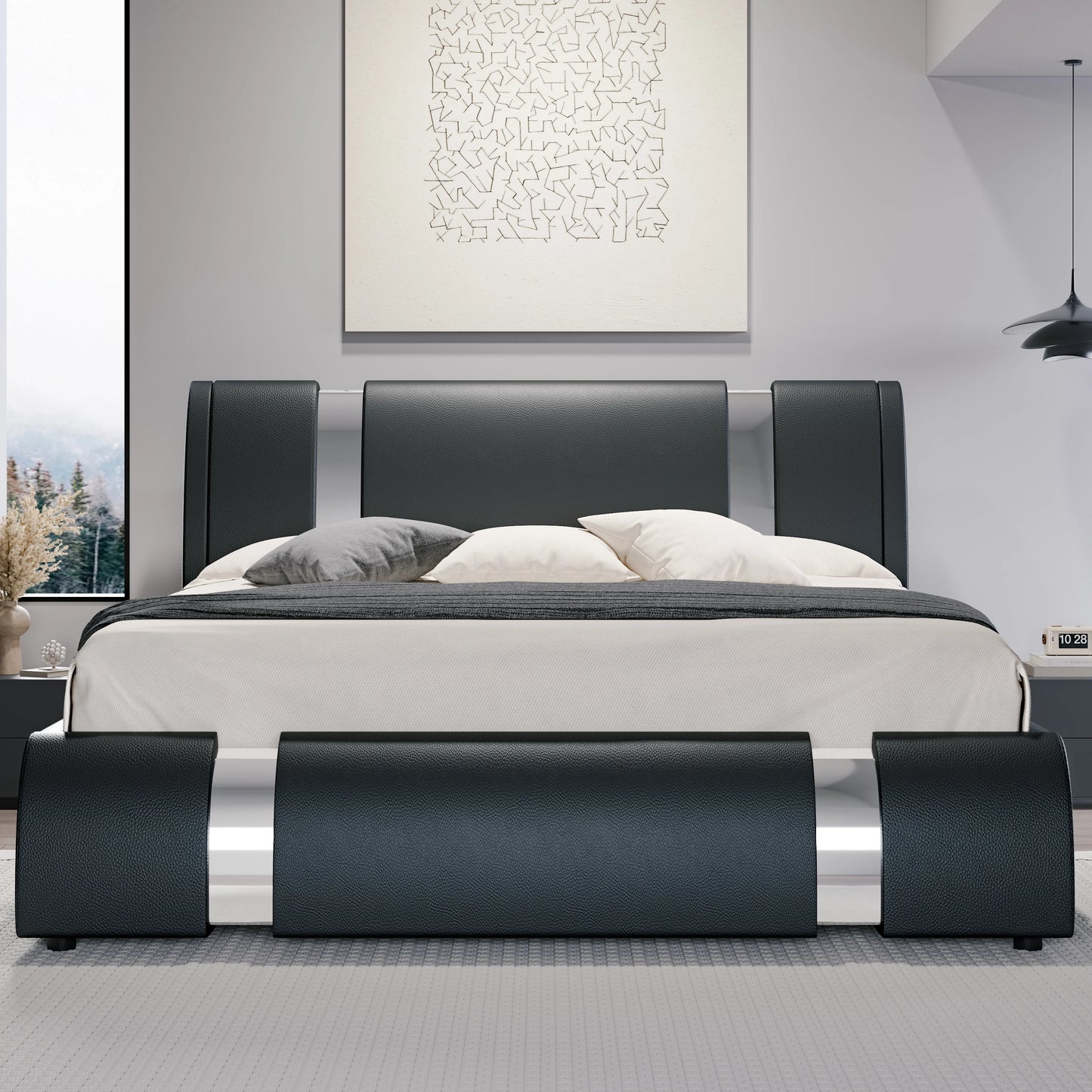 Low Profile Platform Bed with Height-Adjustable Headboard Faux Leather