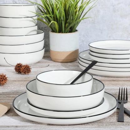 16-Piece Dinnerware Set, White Plates with Black Rim, Microwave & Dishwasher Safe