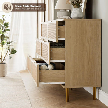 Natural Hand-Woven Rattan & Wood Dresser With Deep Drawers