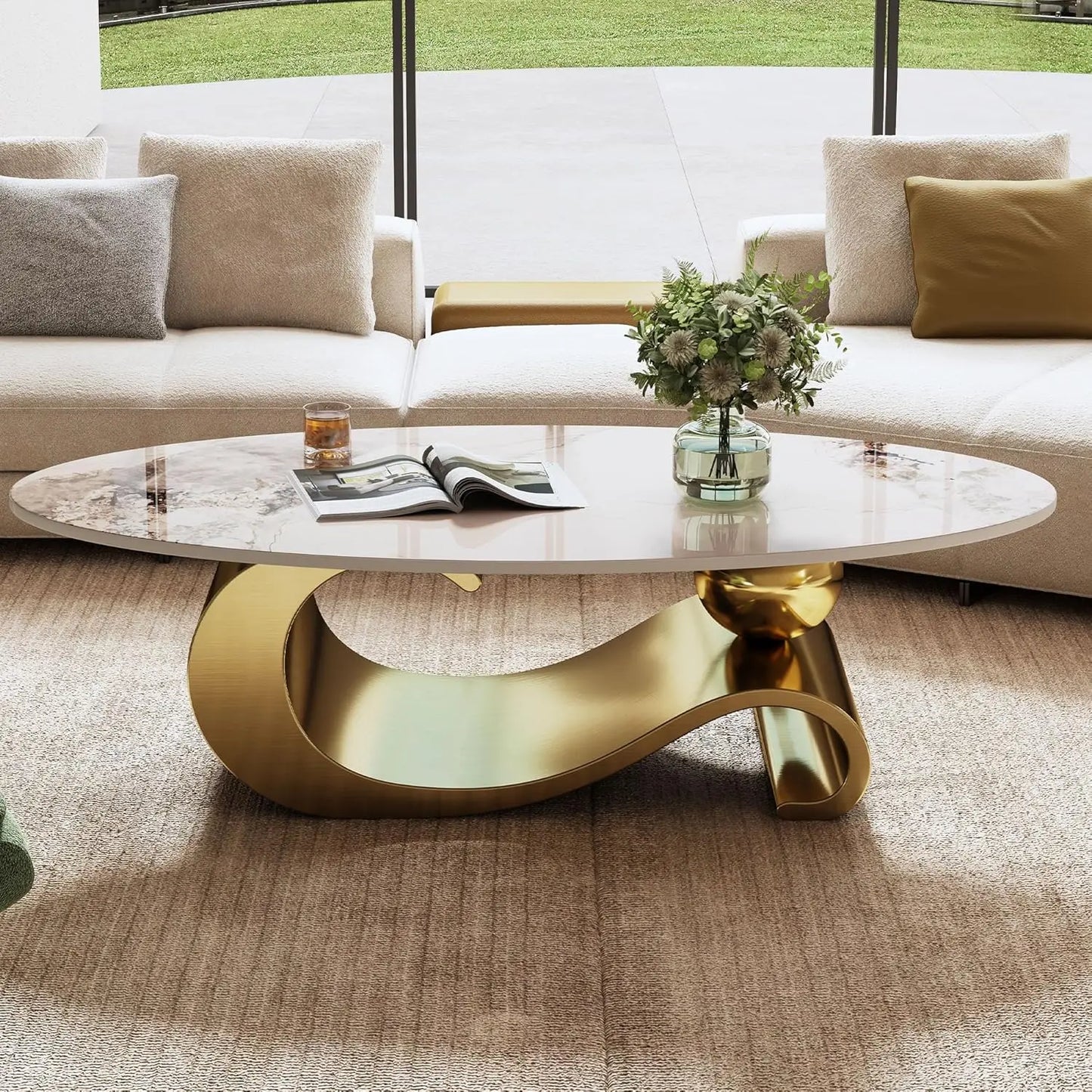 Coffee Table with Silver Stainless Steel Pedestal,Oval with Faux Marble Top