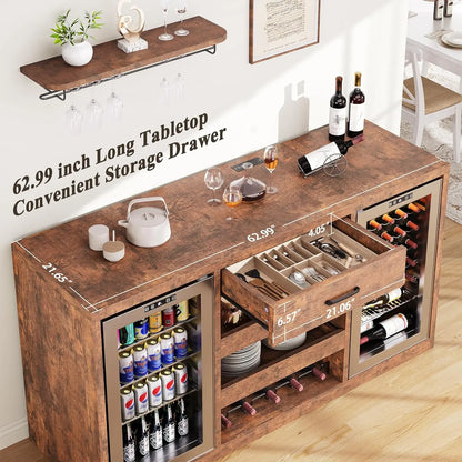 Coffee Bar Cabinet with Mini Fridge, Power Outlets & Wine Rack