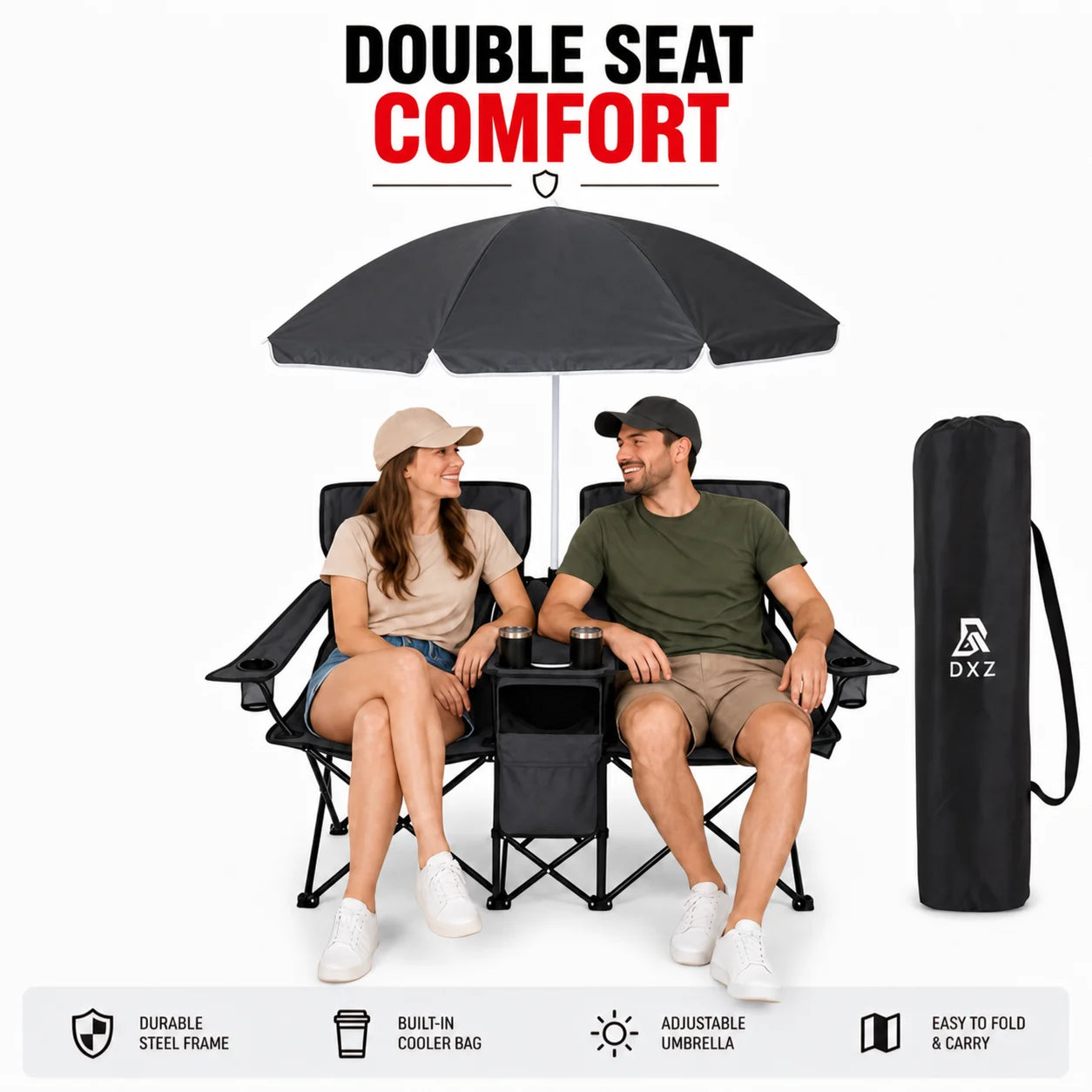2-Seater  Folding Camping Chair with Built-in Umbrella