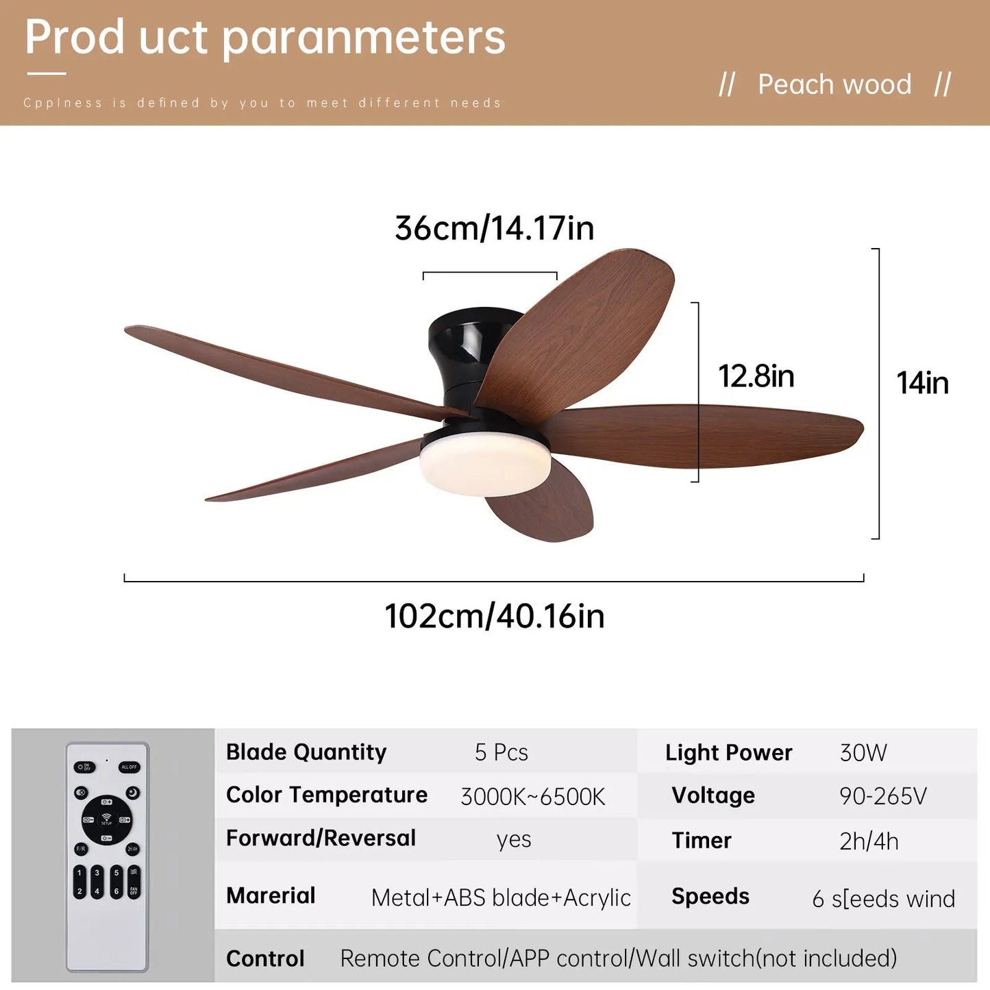 Ceiling Fan with Light 3 Colors, 6 Speeds