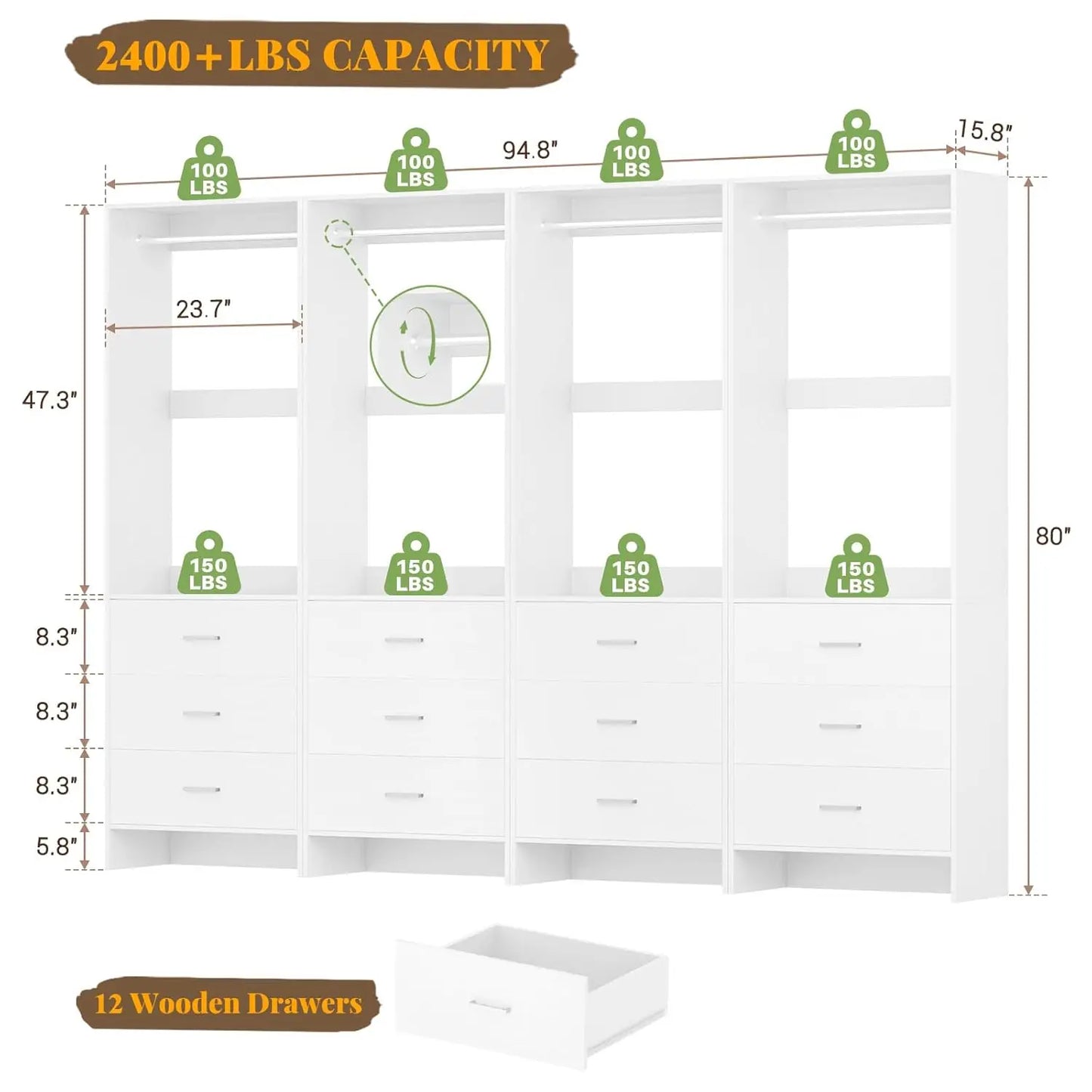 8FT Wood Closet Organizer System with Hanging Rods