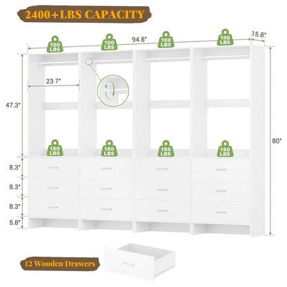 8FT Wood Closet Organizer System with Hanging Rods