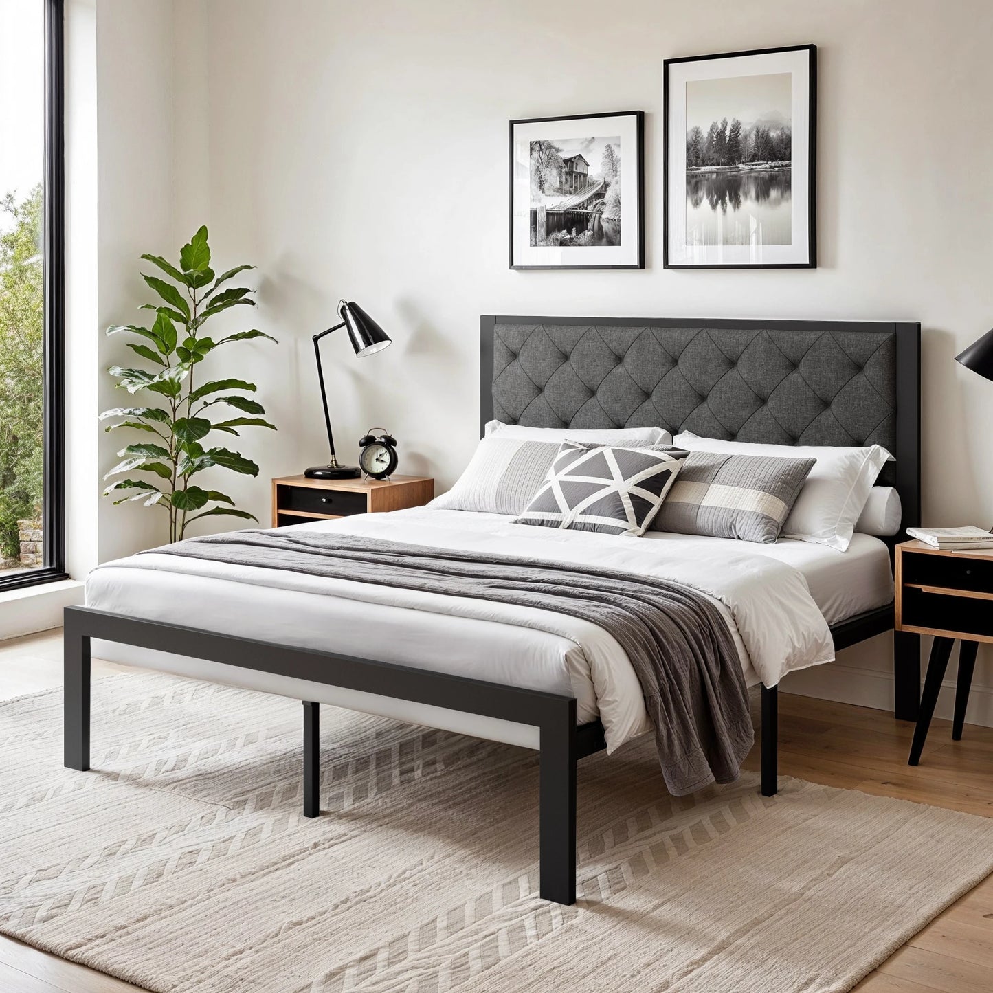 Bed Frame with Upholstered Headboard, No Box Spring Needed