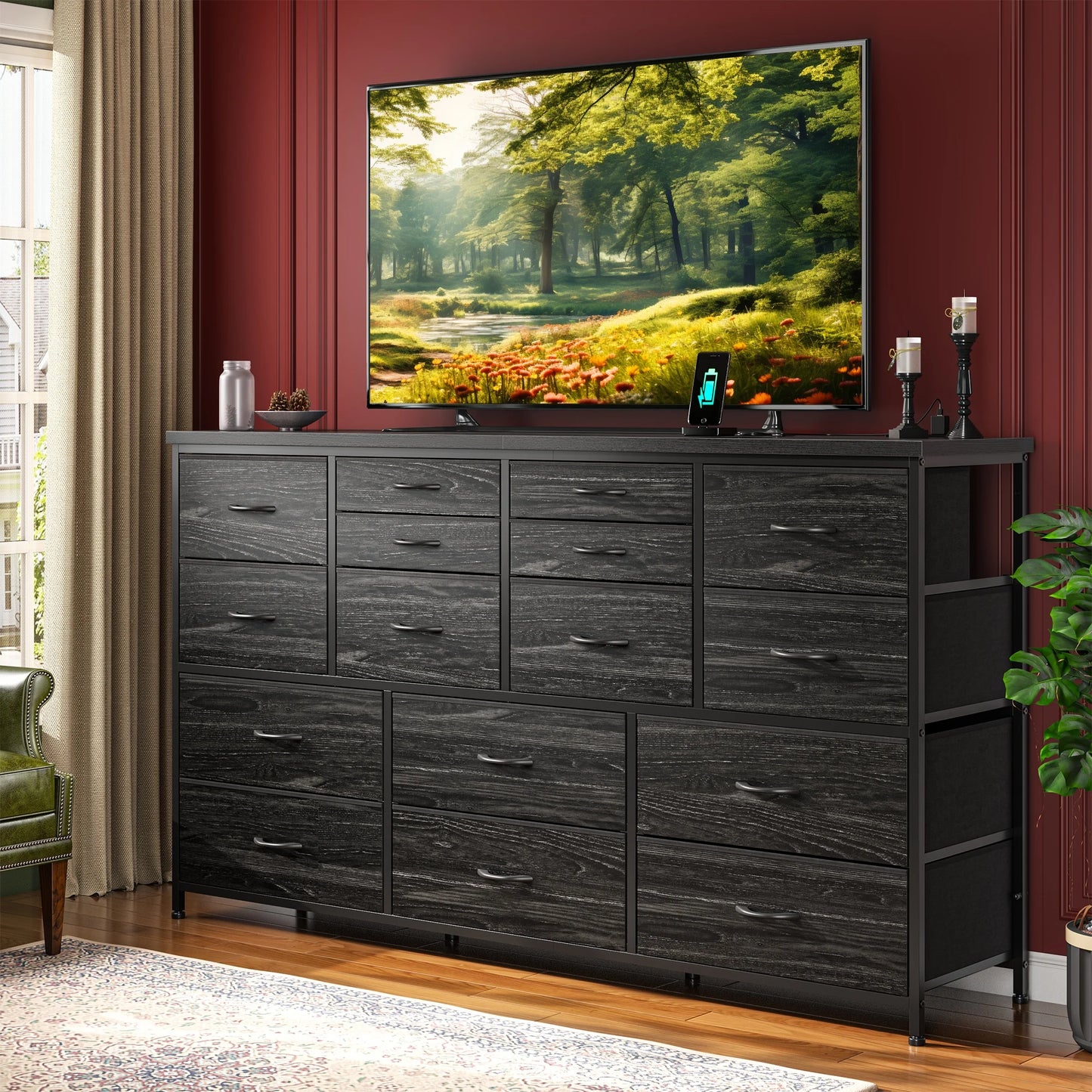16-Drawer Dresser with Charging Station - Versatile Stand for 60" TVs