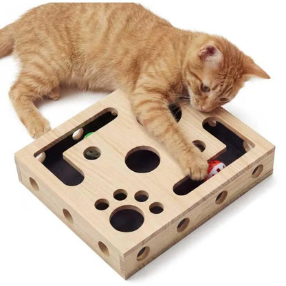 Cat Nail File Enrichment Box, Interactive Scratch Puzzle Maze Toy W/ Cat Wand & Bell Balls