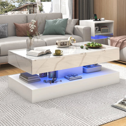 Coffee Table with LED lights, Double-Layer Design with Storage Drawers