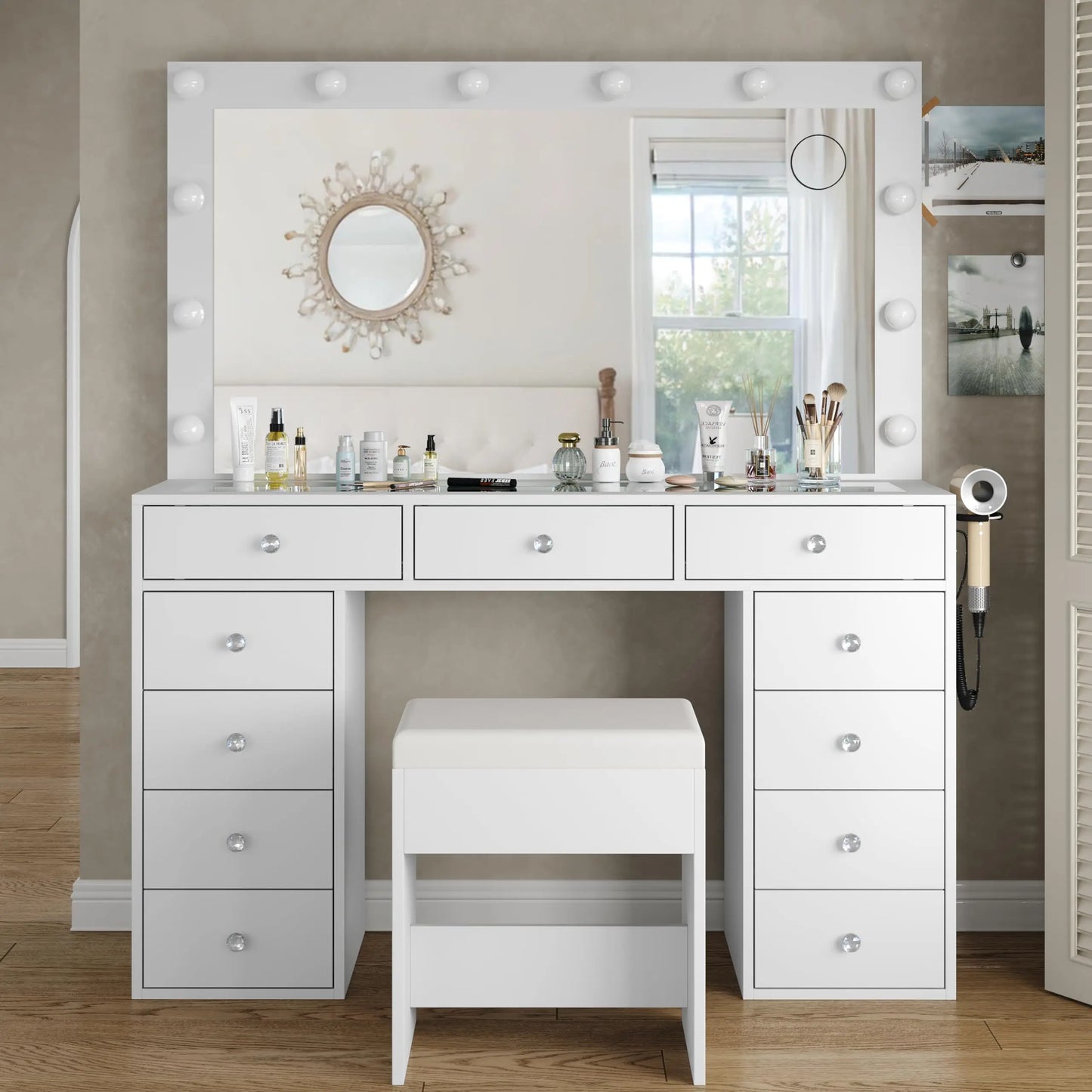 Vanity Desk & Power Mirror LED Lights, 11 Drawers, and Chair