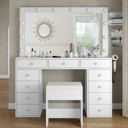 Vanity Desk & Power Mirror LED Lights, 11 Drawers, and Chair