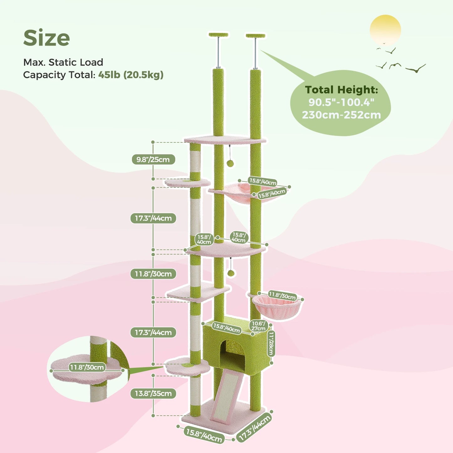 Cat Tree Floor to Ceiling Tower  with Condo, Hammock and Scratching Post
