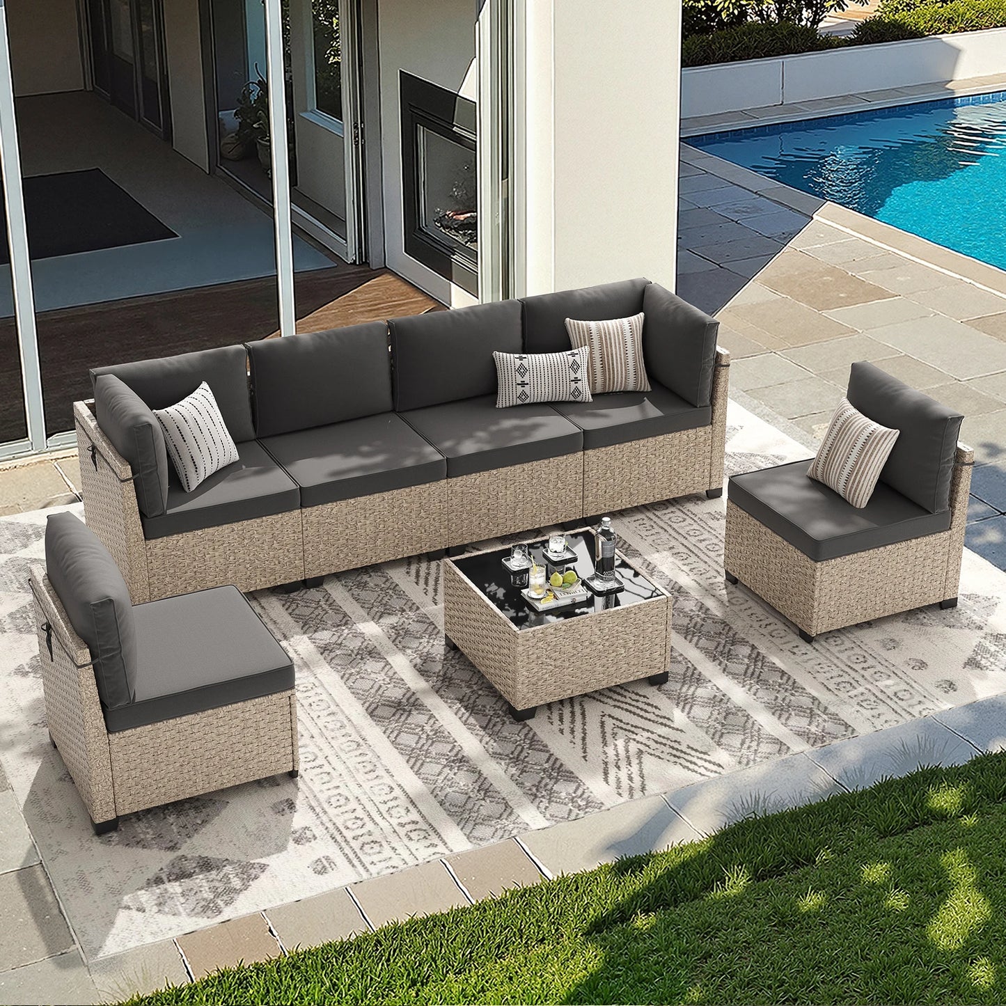 7-Piece Patio Furniture Set, Rattan Sectional Sofa with Glass Table,