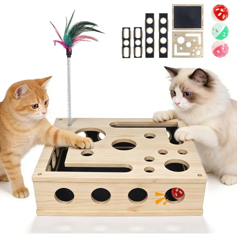 Cat Nail File Enrichment Box, Interactive Scratch Puzzle Maze Toy W/ Cat Wand & Bell Balls