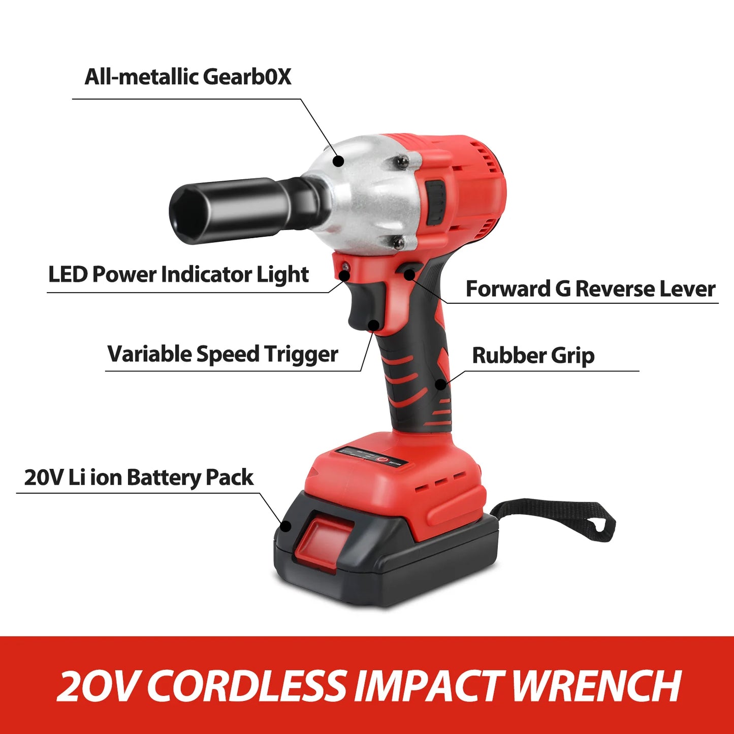 20V Cordless Electric Impact Wrench 1/2 Inch with  2 Batteries
