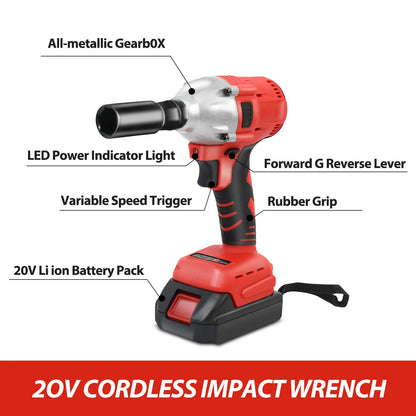 20V Cordless Electric Impact Wrench 1/2 Inch with  2 Batteries