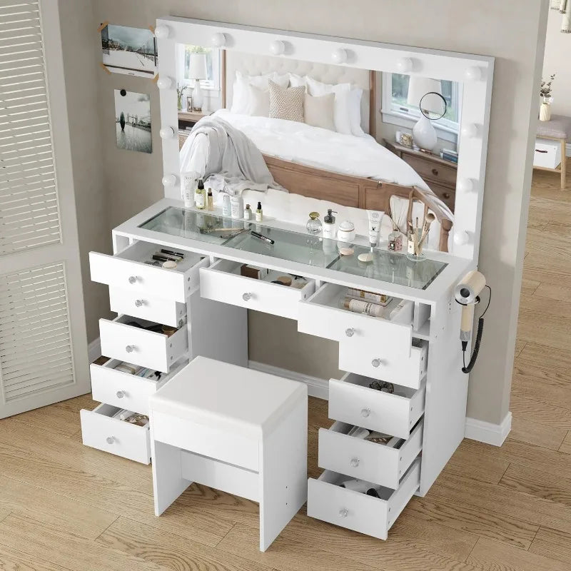 Vanity Desk & Power Mirror LED Lights, 11 Drawers, and Chair