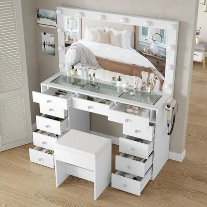Vanity Desk & Power Mirror LED Lights, 11 Drawers, and Chair