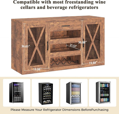 Coffee Bar Cabinet with Mini Fridge, Power Outlets & Wine Rack