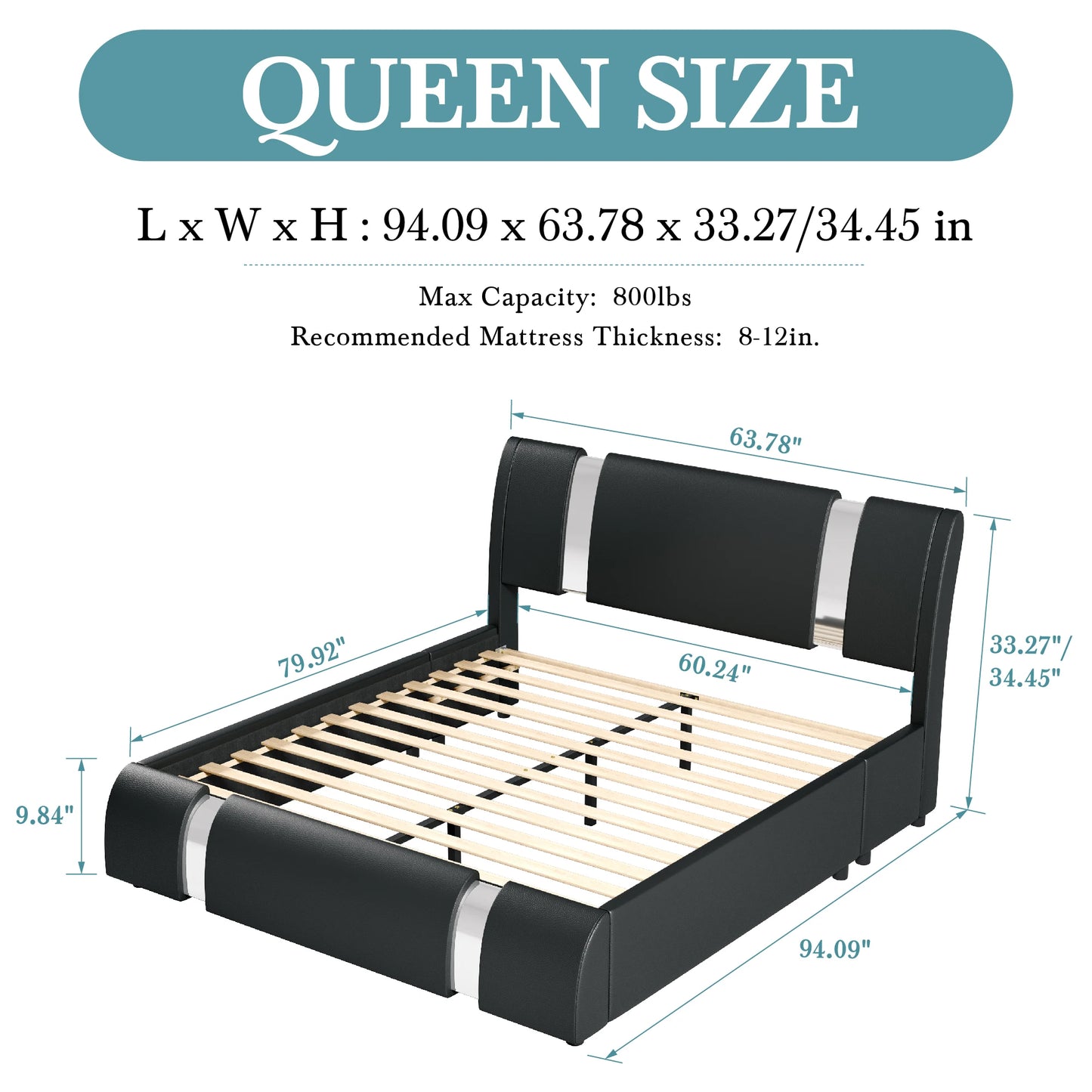 Low Profile Platform Bed with Height-Adjustable Headboard Faux Leather