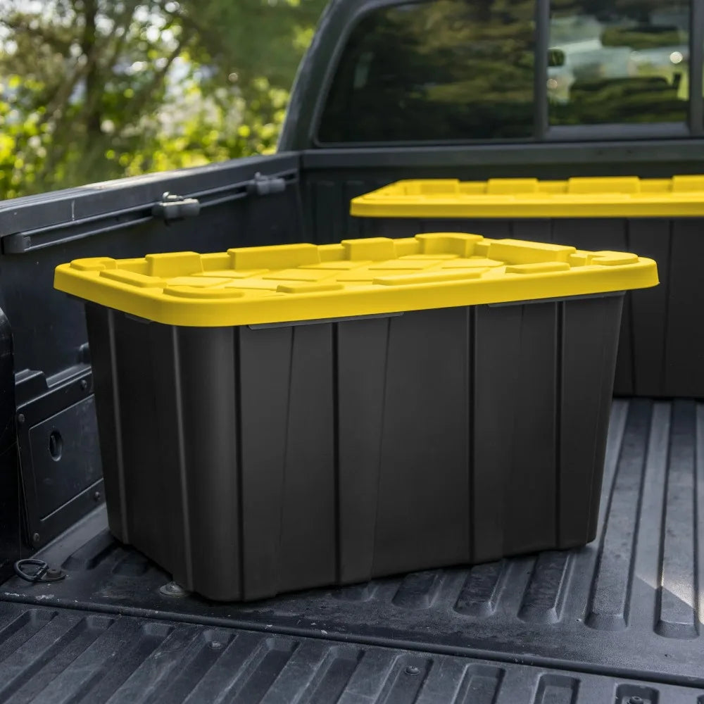 Plastic Storage Tote with Snap-On Lid, Black and Yellow, 6 Pack