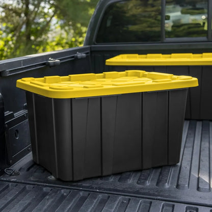 Plastic Storage Tote with Snap-On Lid, Black and Yellow, 6 Pack