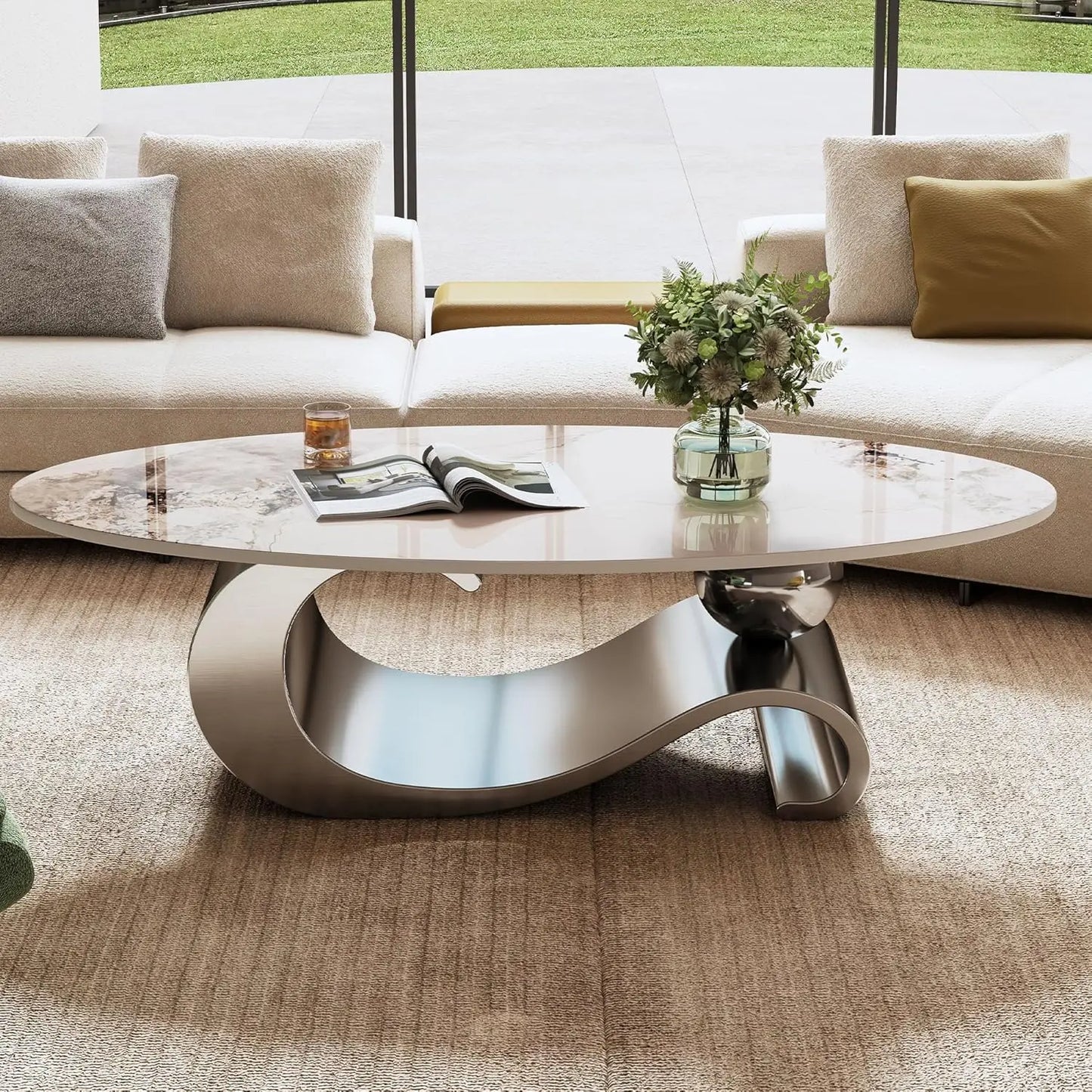 Coffee Table with Silver Stainless Steel Pedestal,Oval with Faux Marble Top