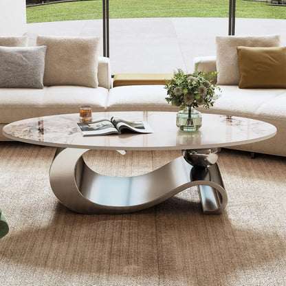 Coffee Table with Silver Stainless Steel Pedestal,Oval with Faux Marble Top