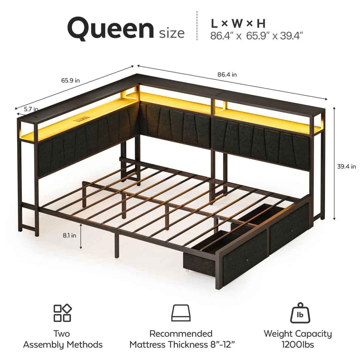 Queen Corner Bed Frame with Storage Drawers LED Lights USB Charging Station