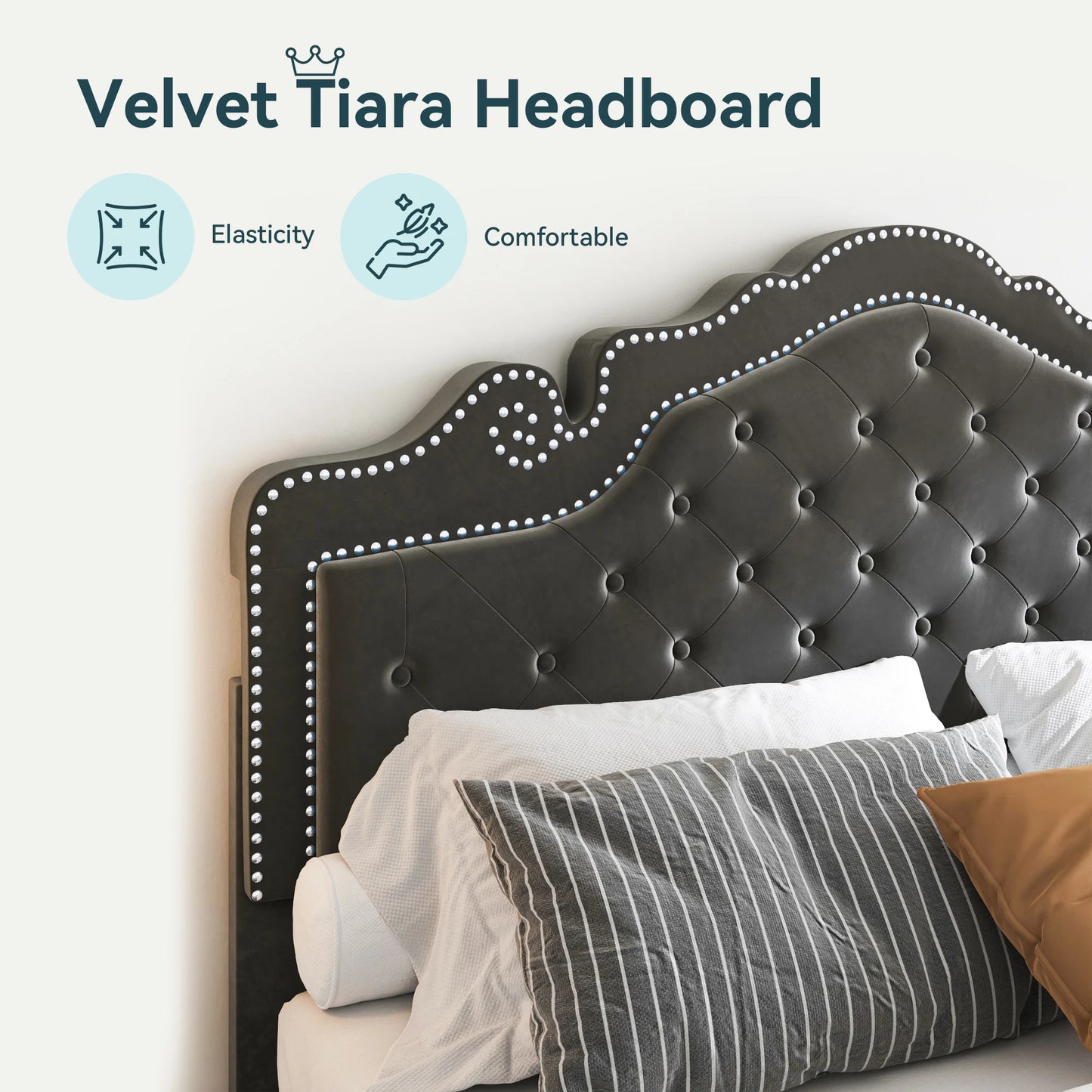 Velvet Bed Frame with Adjustable Tiara Headboard