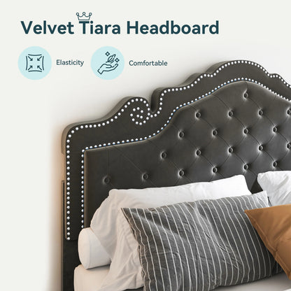 Velvet Bed Frame with Adjustable Tiara Headboard