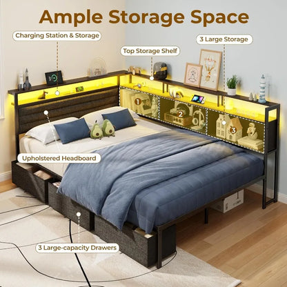 Bed Frame with Headboard and Storage Drawers, Metal Platform