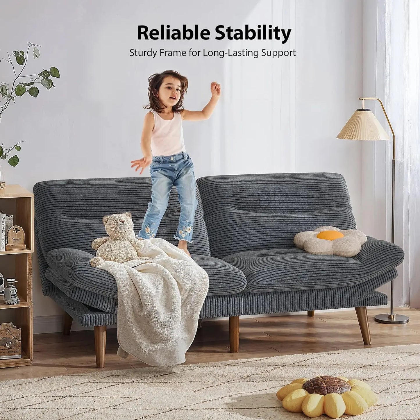 Futon Sofa Bed, 66 Inch Corduroy Futon Couch Convertible with Adjustable Backrest and Armrests, Recliner Sleeper, Customized