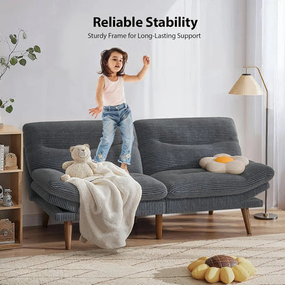 Futon Sofa Bed, 66 Inch Corduroy Futon Couch Convertible with Adjustable Backrest and Armrests, Recliner Sleeper, Customized
