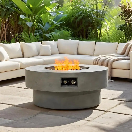 34-inch Round Propane Fire Pit Table, with Burner Lid, Glass Rocks, and Cover