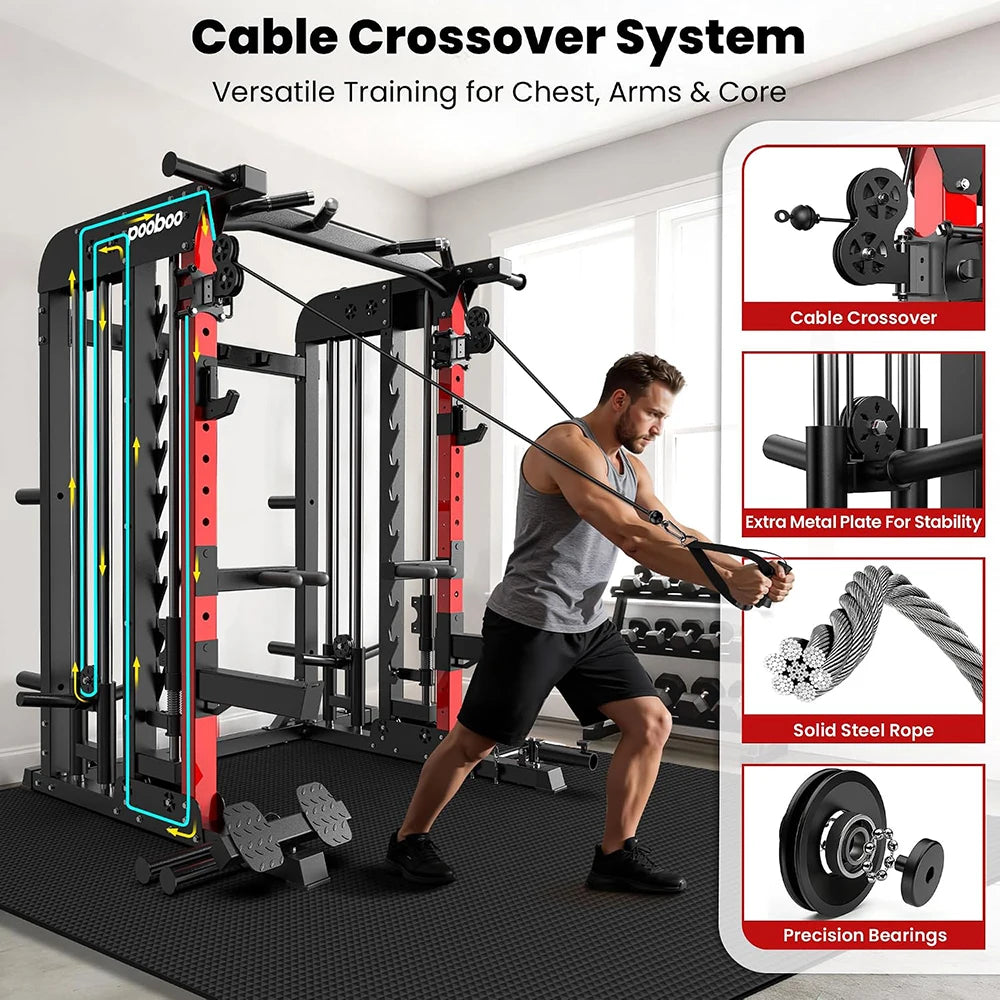Power Cage Smith Machine with 2000LB Squat Rack Cable System