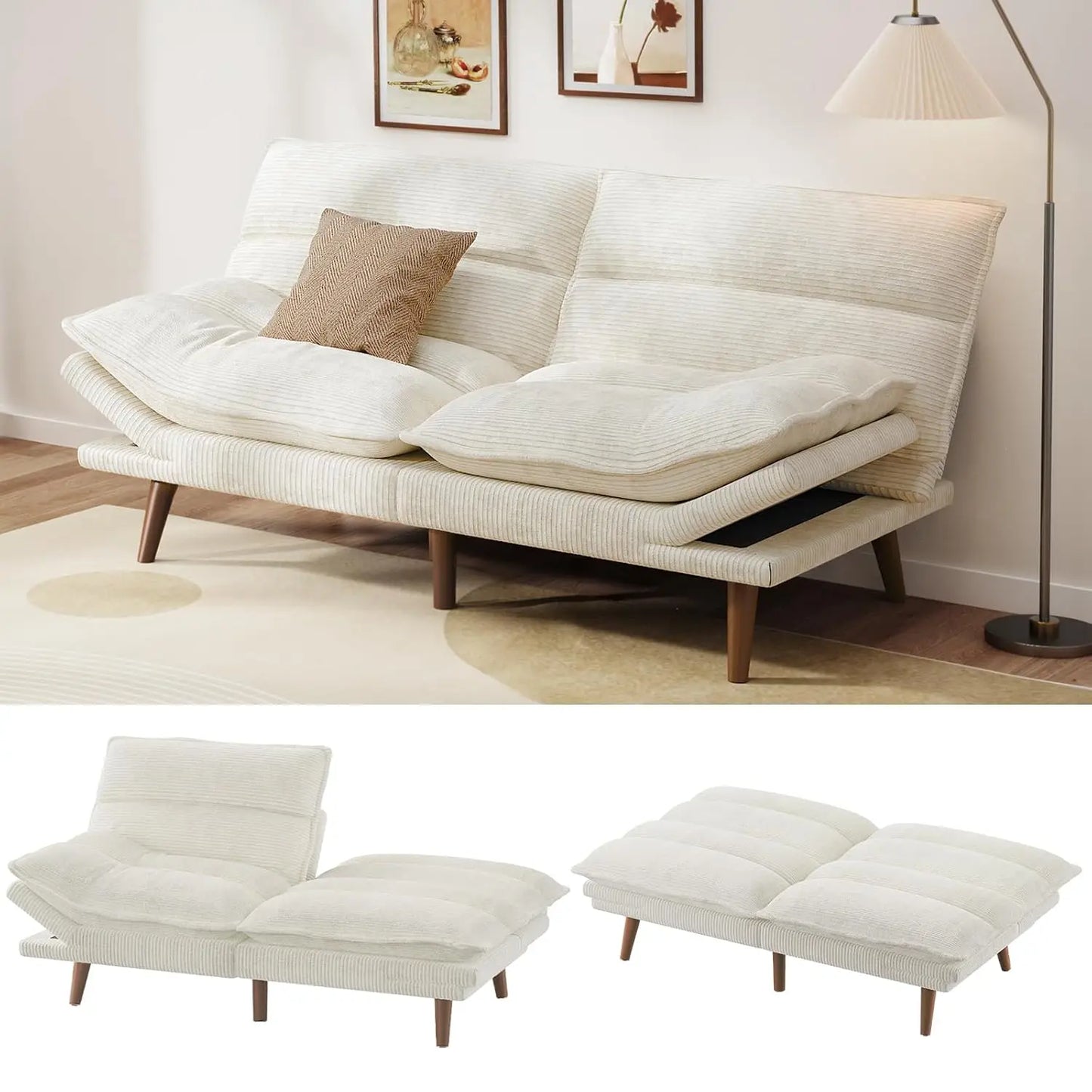 Futon Sofa Bed, 66 Inch Corduroy Futon Couch Convertible with Adjustable Backrest and Armrests, Recliner Sleeper, Customized