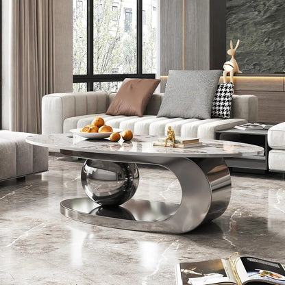 Coffee Table with Silver Stainless Steel Pedestal,Oval with Faux Marble Top