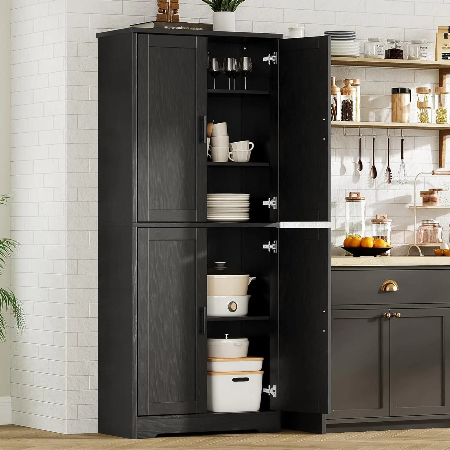Freestanding Storage Cabinet with 4 Doors and Adjustable Shelves