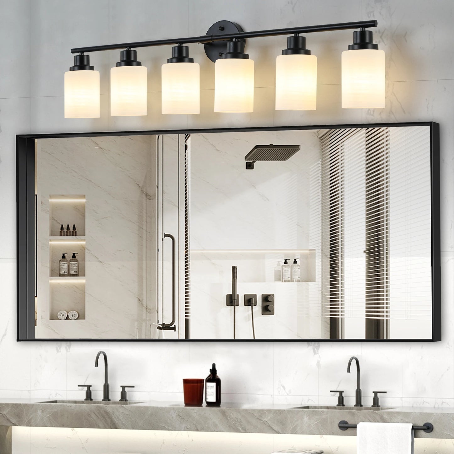 Bathroom Mirror Light, Frosted White Glass Lampshades with Black Iron Frame